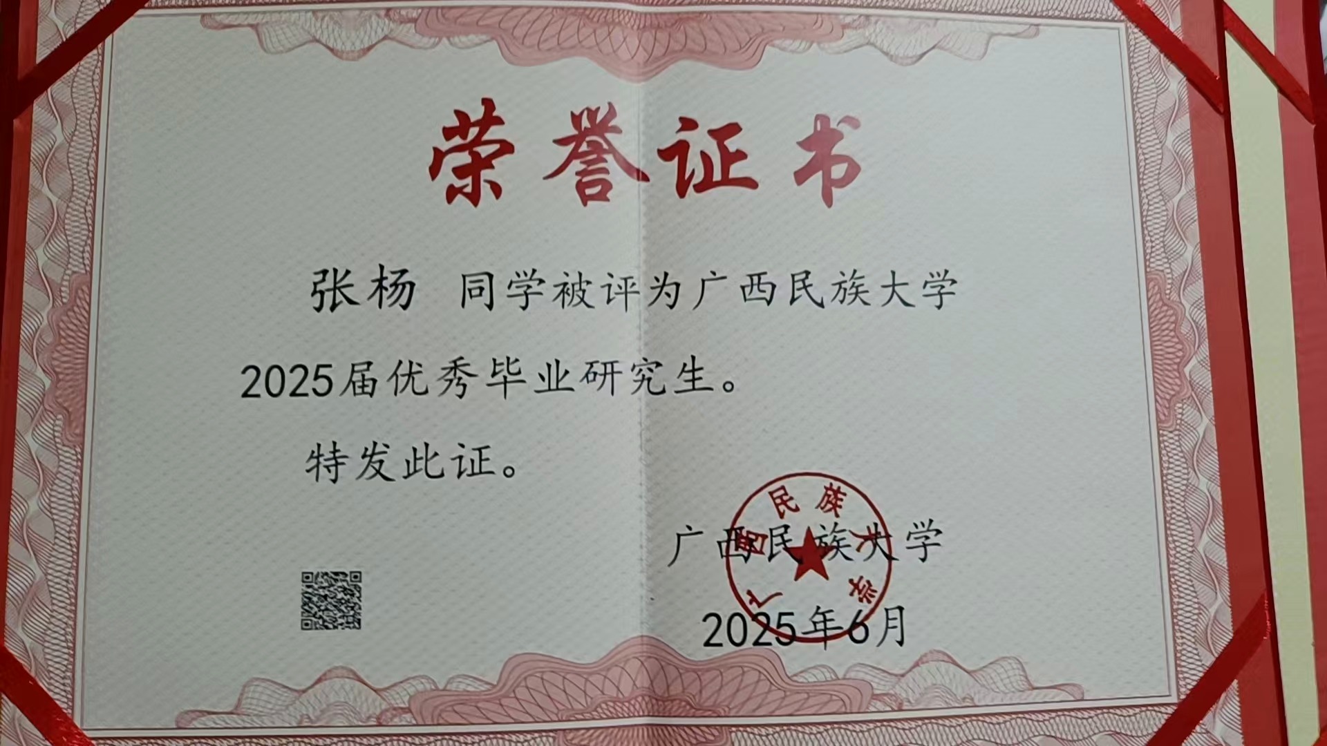 Outstanding Graduate certificate from Guangxi Minzu University